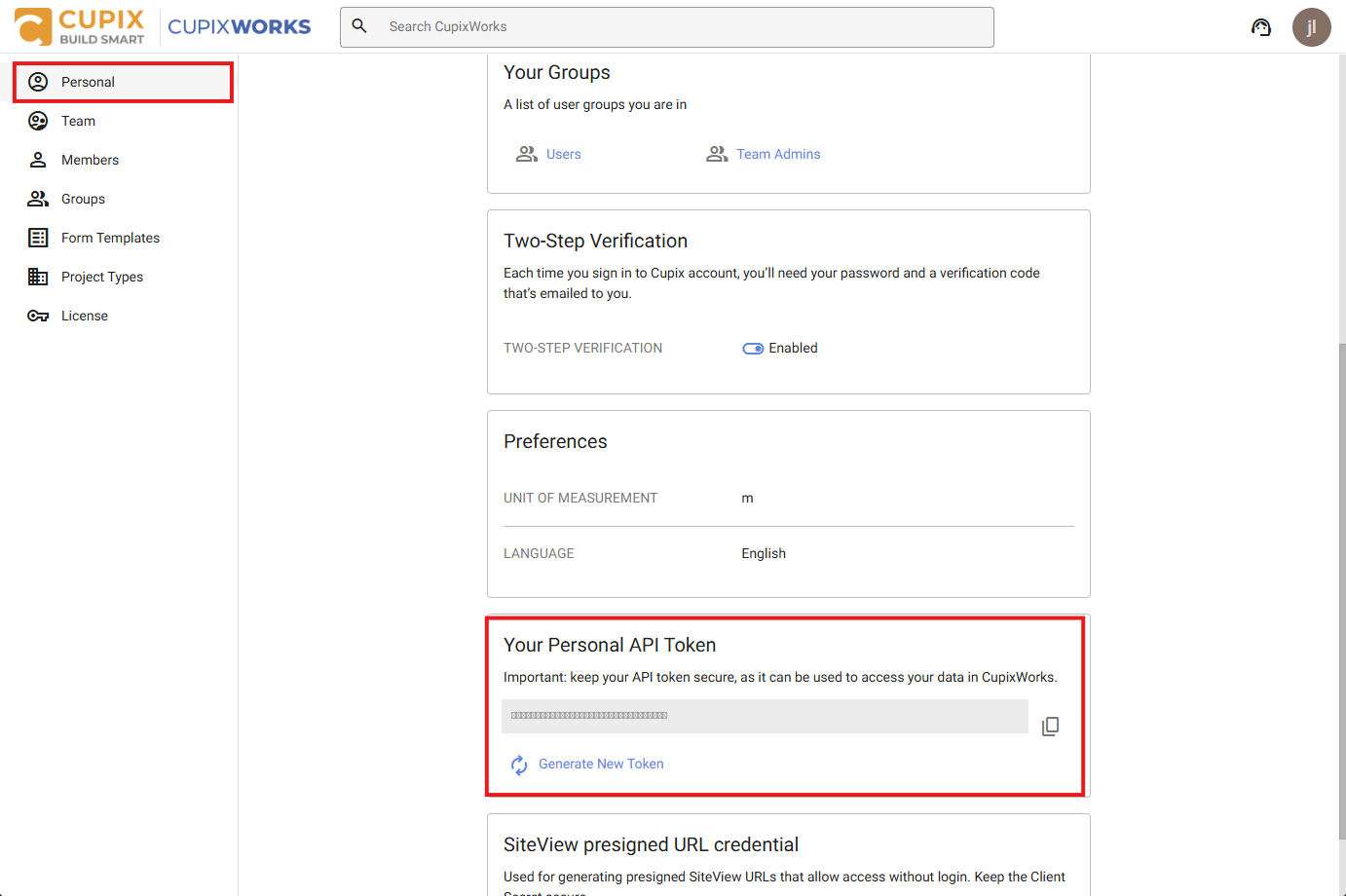 The Personal page in Account Settings, with the Personal sidebar item and the Your Personal API Token card outlined in red