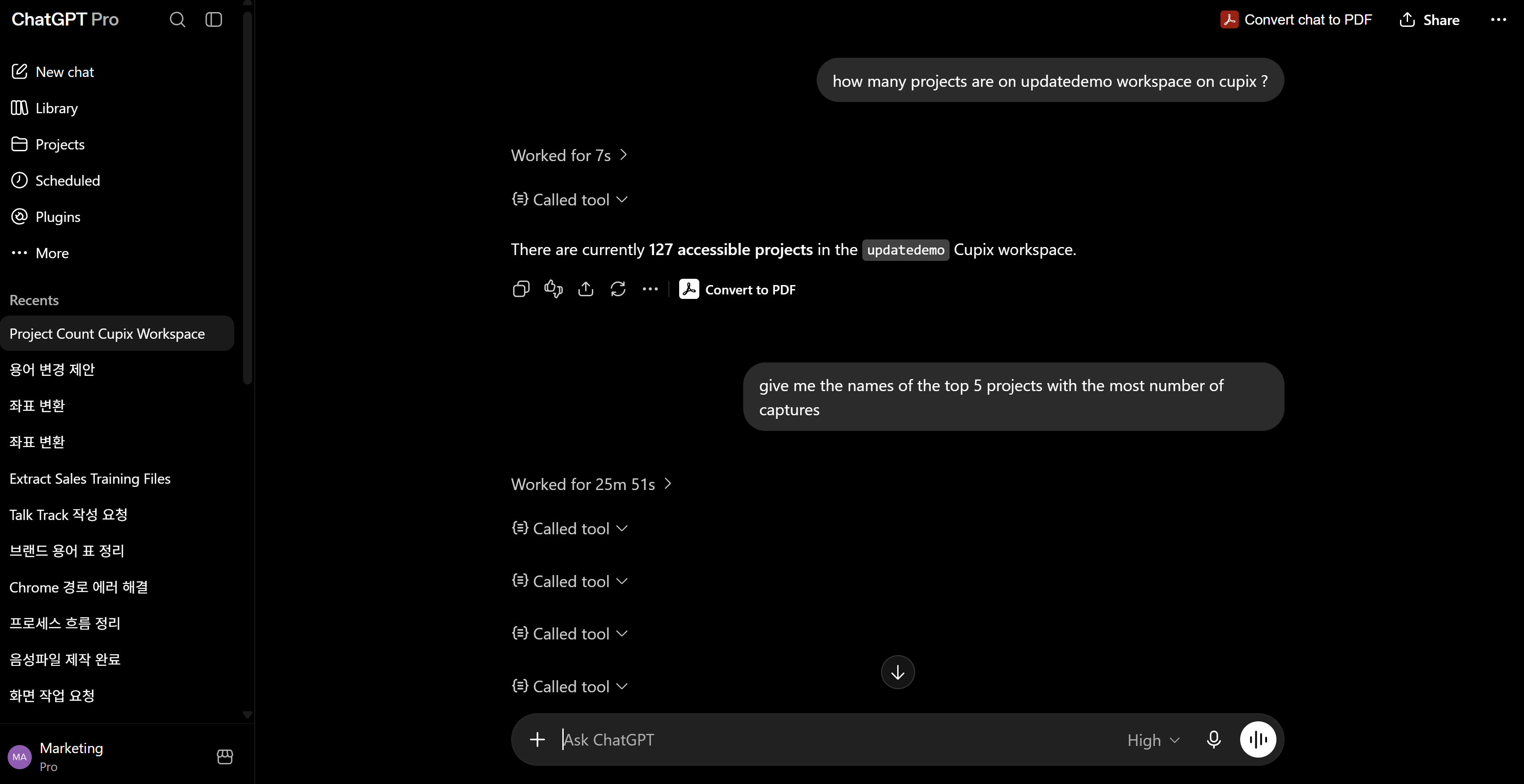 ChatGPT answering a question about the updatedemo Cupix workspace after calling a Compass tool