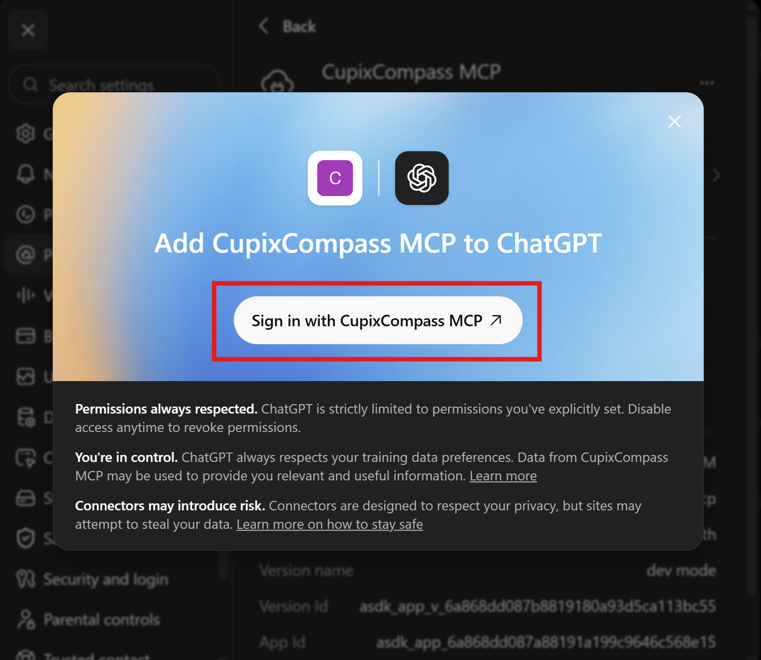 Add CupixCompass MCP to ChatGPT dialog with the Sign in with CupixCompass MCP button outlined in red