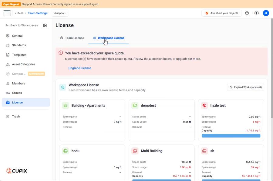 The Workspace License tab, showing the allocation table
