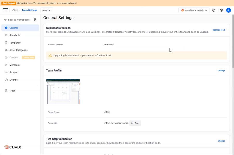 Team Settings › General, the full page