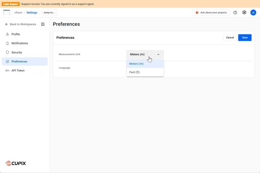 Preferences, with the measurement unit dropdown open
