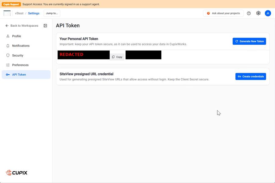 The API Token page, both cards — the token value must be redacted before this frame is used anywhere