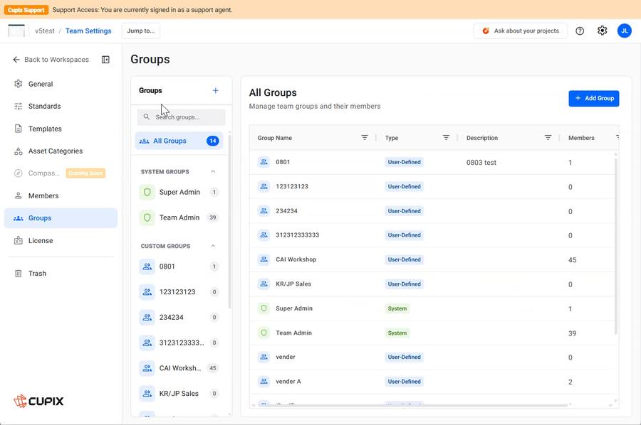 Team Settings › Groups, showing both headings and the Type chips