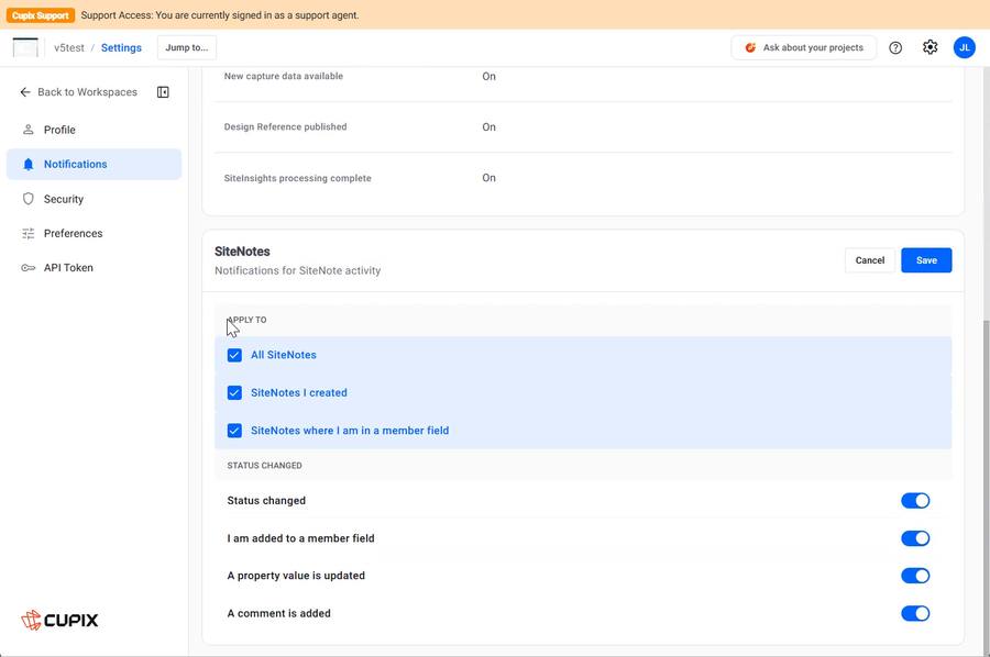 The SiteNotes card in edit mode, showing the apply-to choices and the four toggles