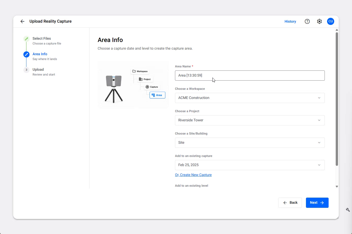 The Area Info step with the workspace, project and Site/Building fields filled in