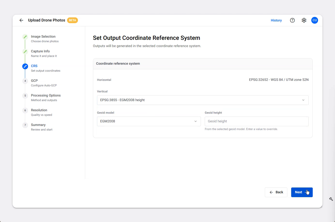 The CRS step with the vertical system list open