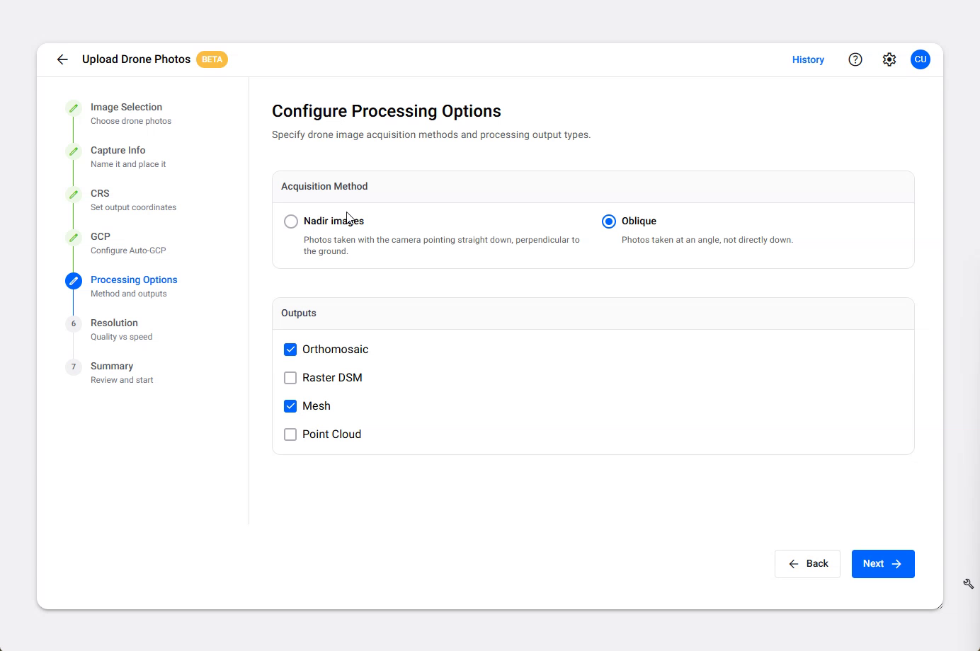 The Processing Options step, showing the acquisition method and the four output checkboxes