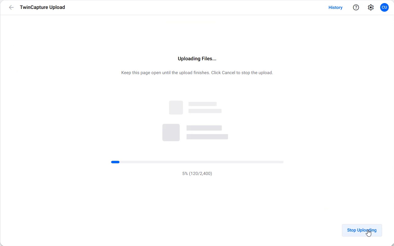 The upload in progress, with the file count