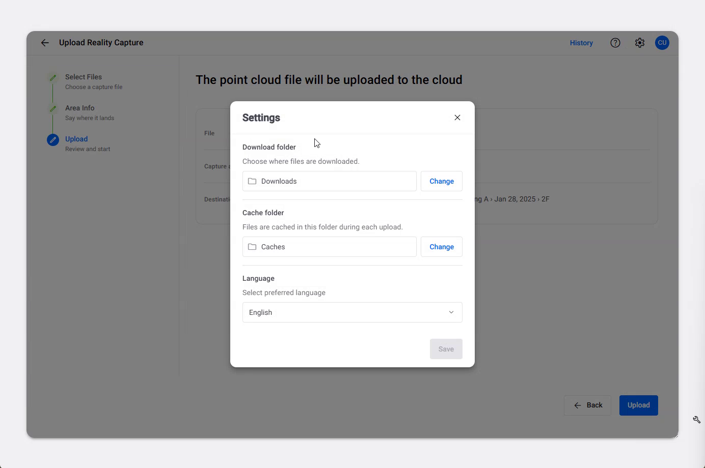 Settings, showing the Download folder and Cache folder paths with their Change buttons