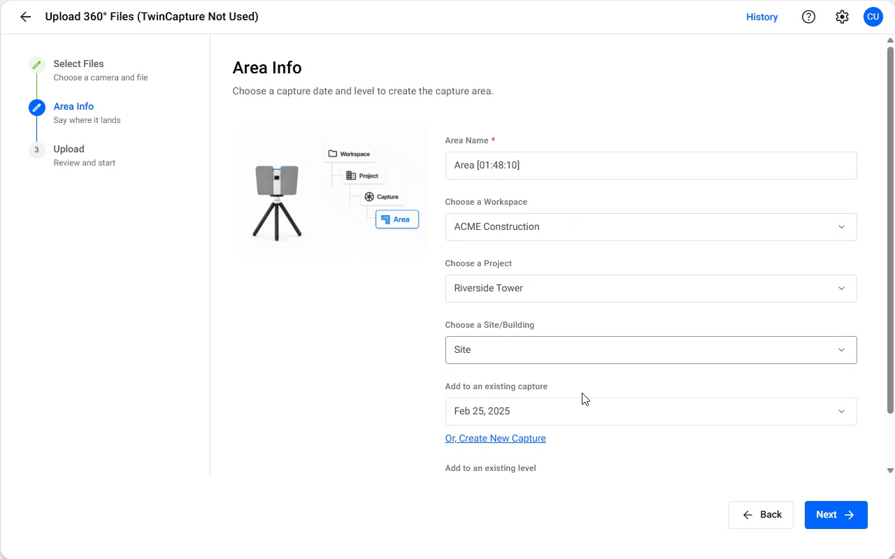The existing-capture dropdown open