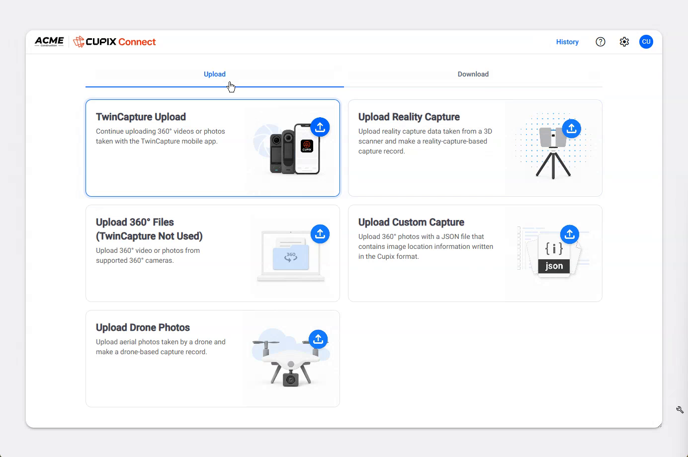 The CupixConnect landing page on the Upload tab, showing all five upload cards