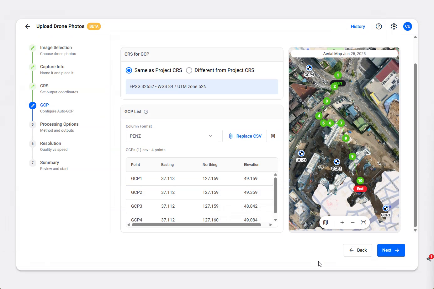The GCP step with a CSV loaded, showing the point table and the numbered markers on the map