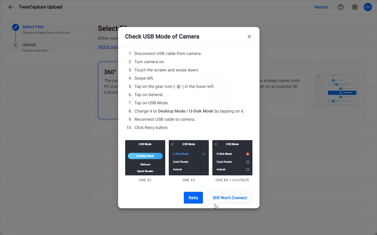 Check USB Mode of Camera, with the per-model diagrams