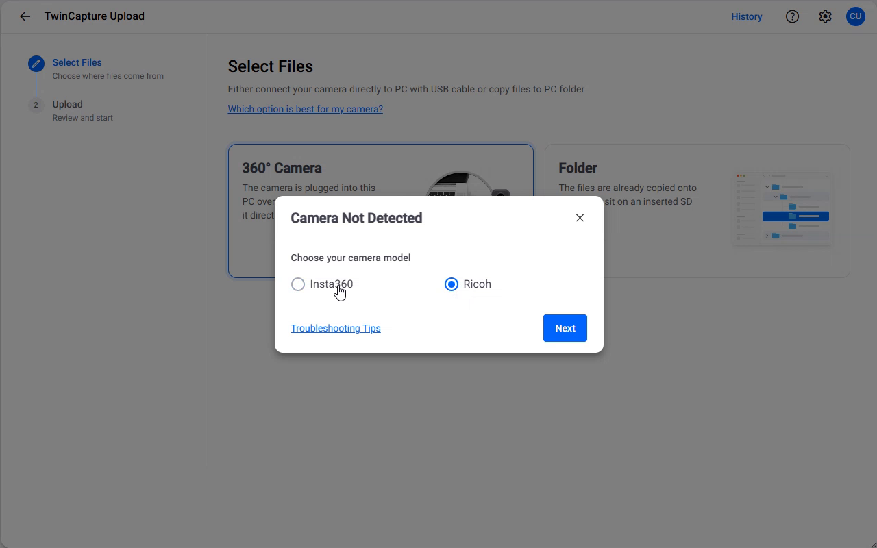 The Camera Not Detected dialog with the model choice