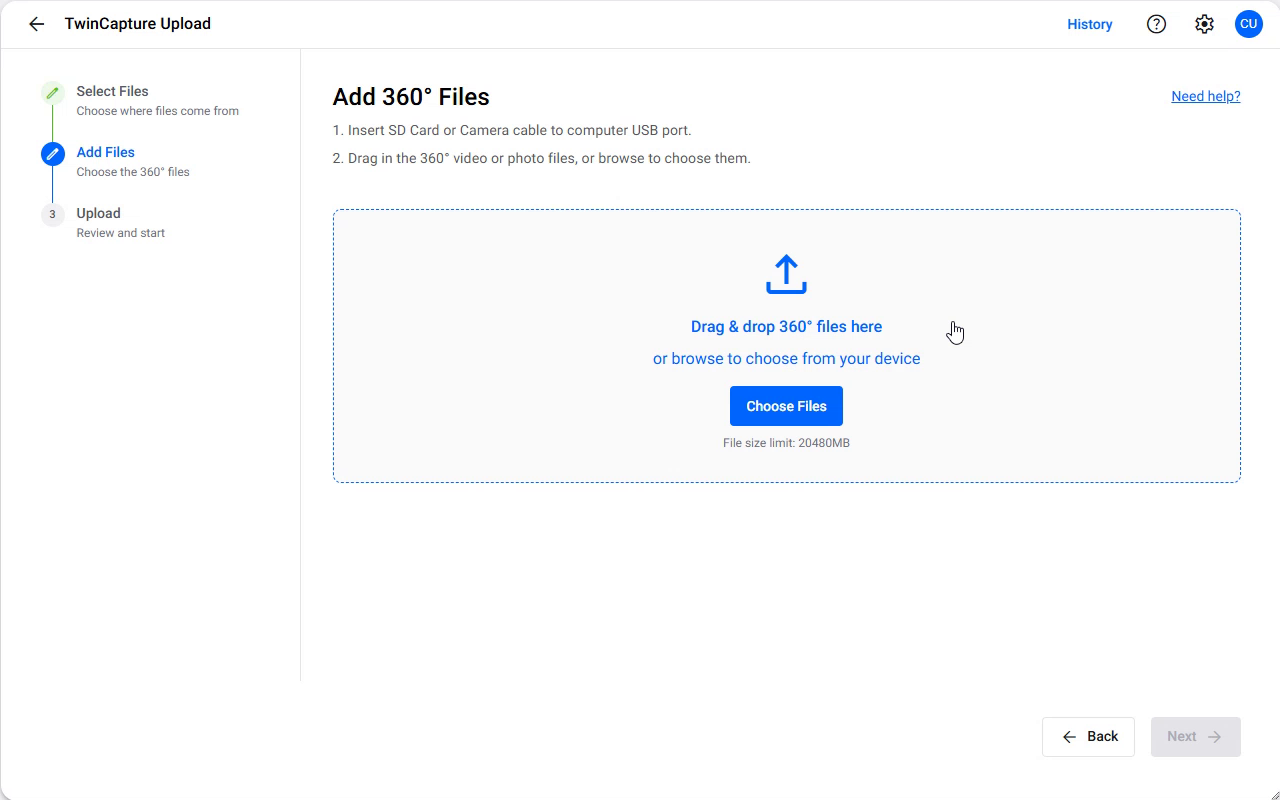 The Add 360° Files drop zone