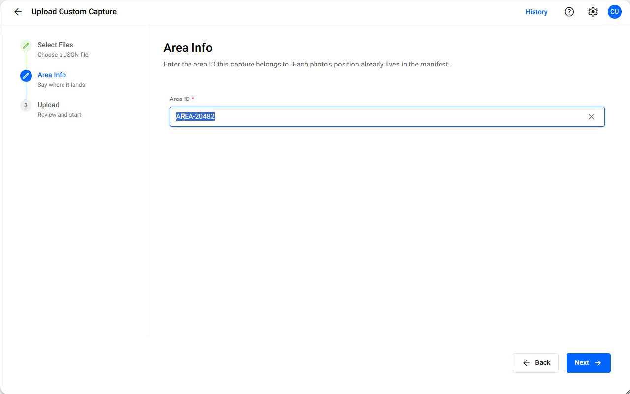 The Area Info step, asking only for an Area ID