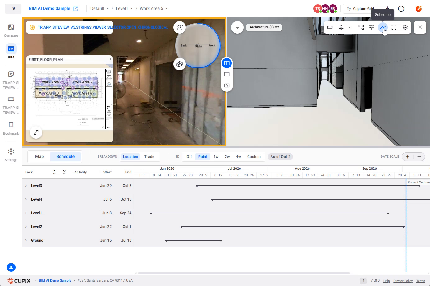 The whole BIM Timeline surface — capture left, model right, Schedule panel across the bottom