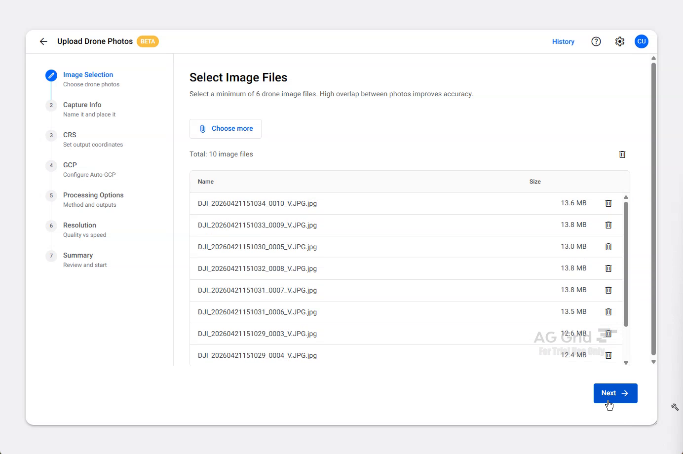 The image table after loading a set, showing the file list and the total count