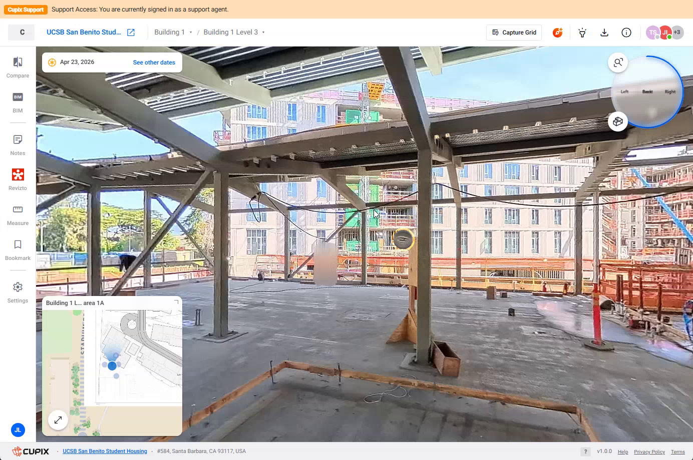 First-person mode with the navigation gizmo visible.