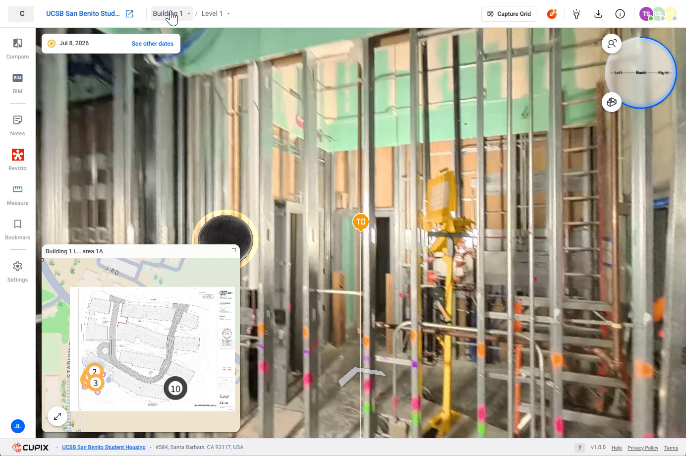 The Building dropdown open on a multi-building project.
