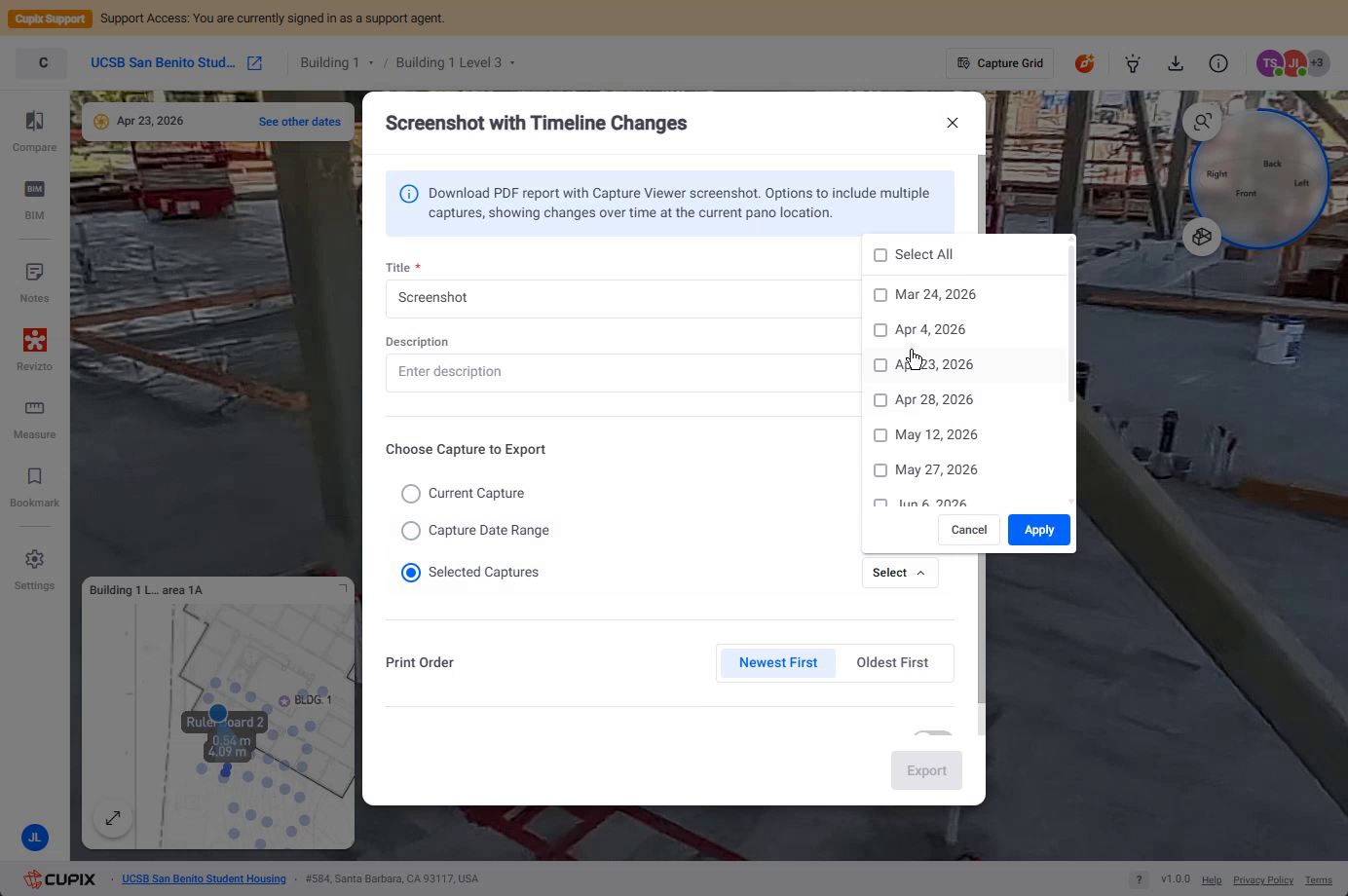 The Timeline Report dialog with Selected Captures open.