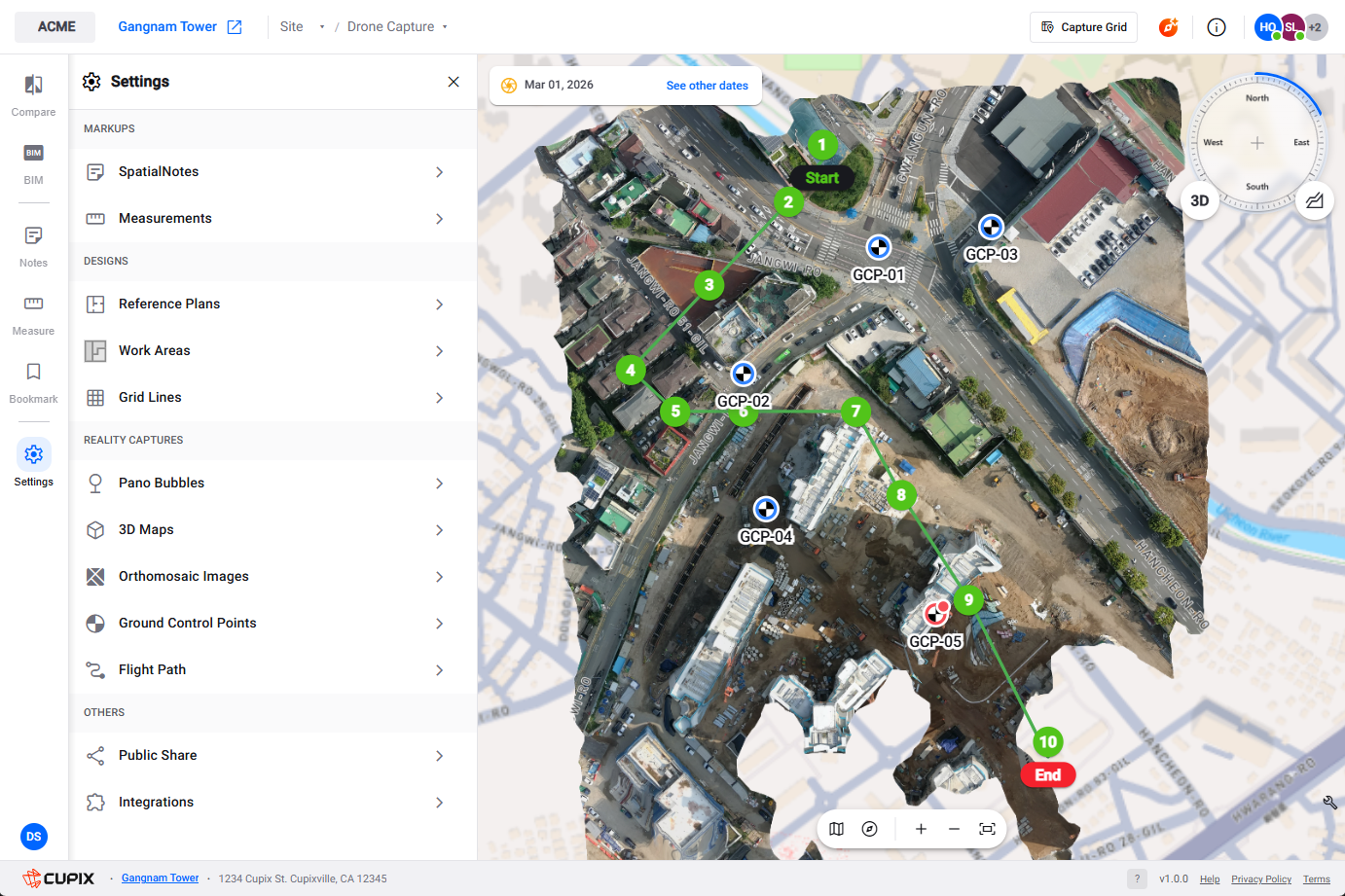 From the dev mockup — Settings › Ground Control Points on, with the labelled markers across the orthomosaic.