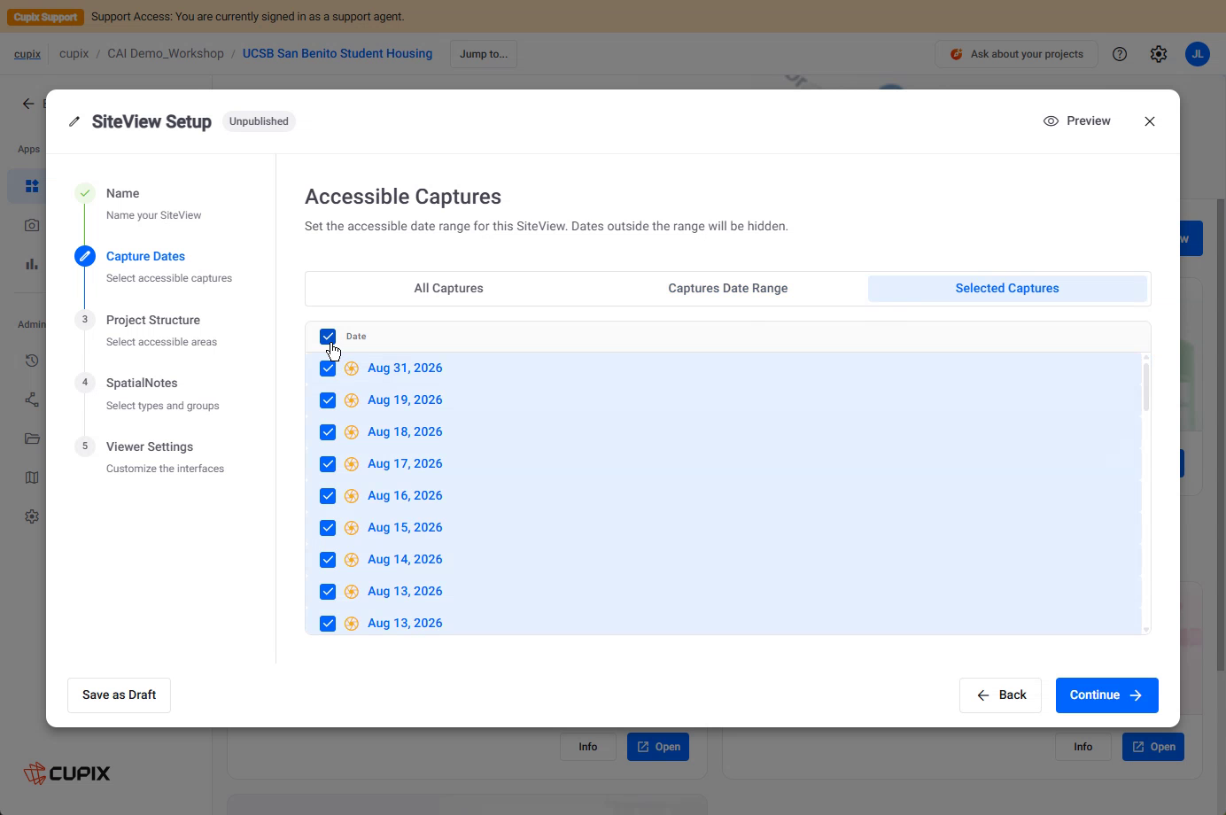 The Accessible Captures step with all three tabs visible.