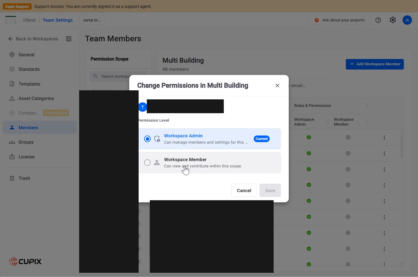 Change Permissions at workspace scope, showing both grades and the Current badge
