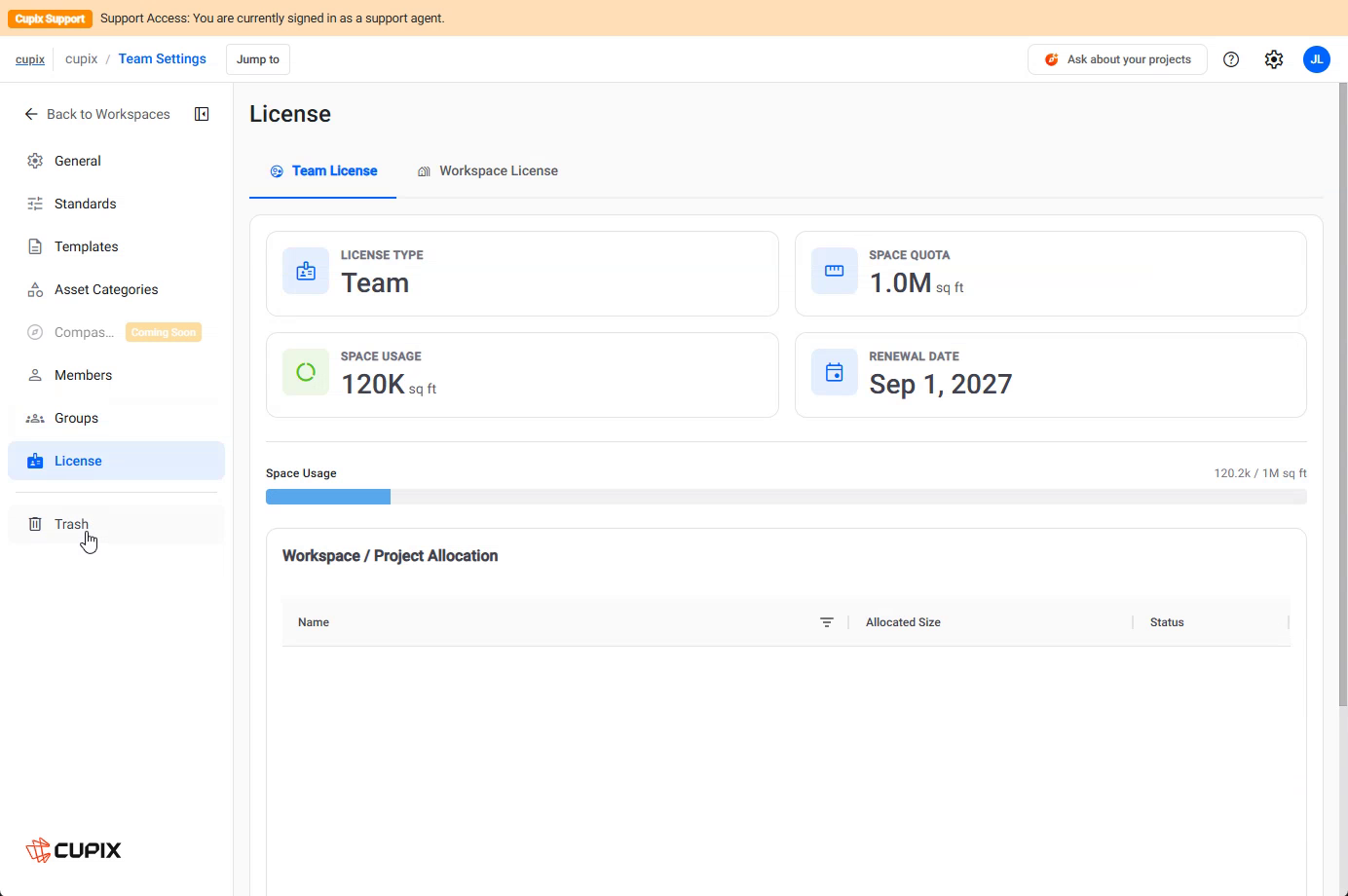 Team Settings › License, the Team License tab with the usage meter