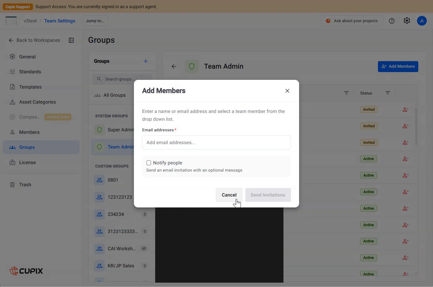 A group selected, with its member list and the Add Members dialog
