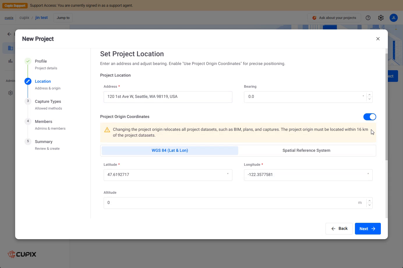 The New Project wizard, Location step, with Use Project Origin Coordinates turned on
