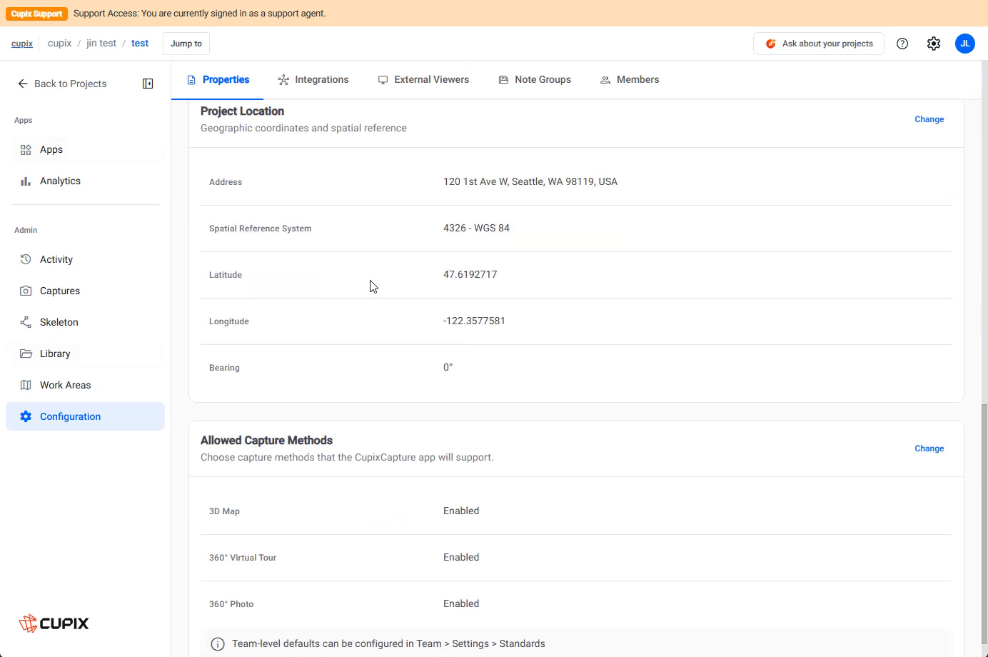 Configuration › Properties, the Project Location card