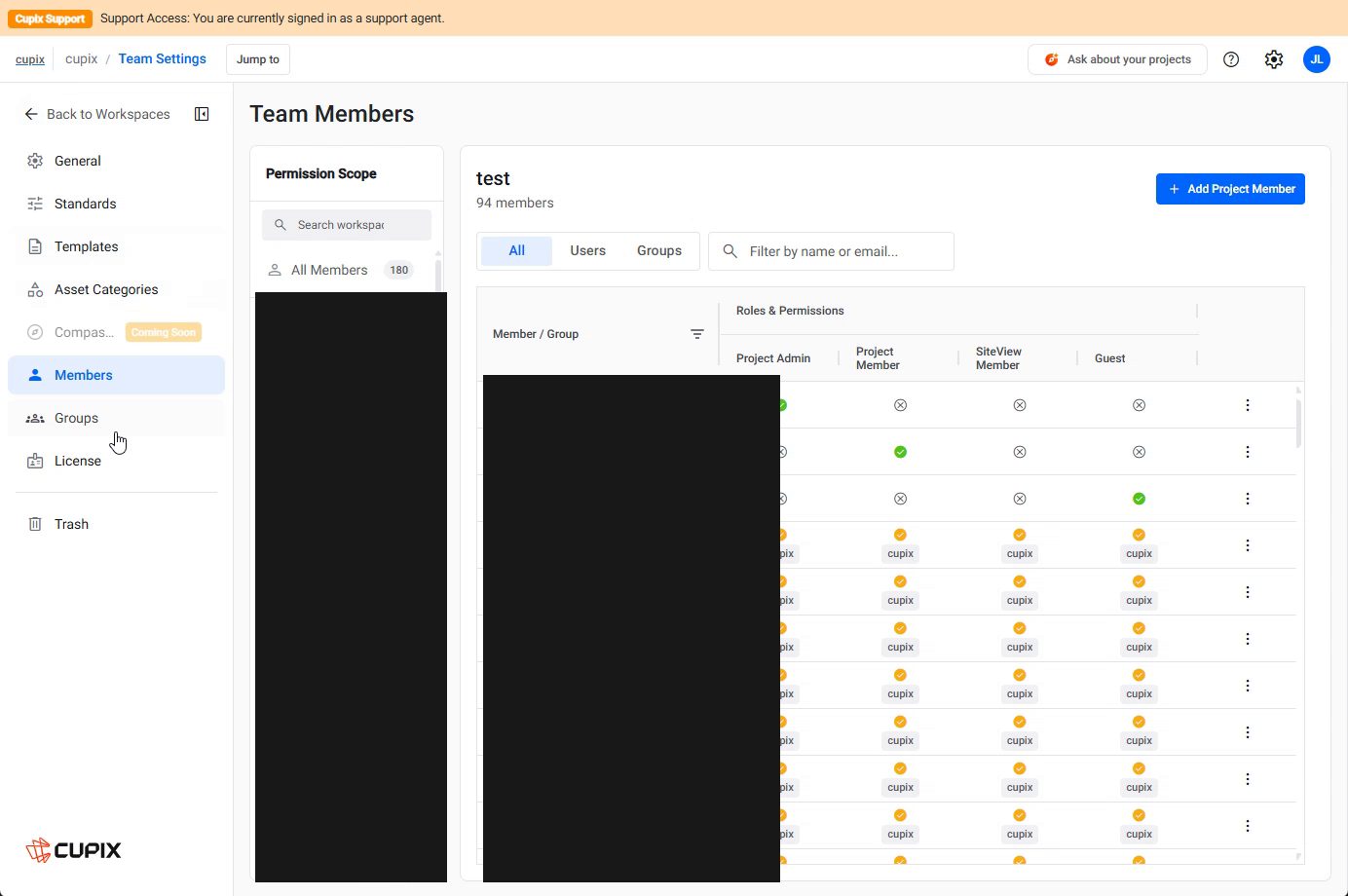 Team Settings › Members with a project selected in the Permission Scope tree, showing the role columns