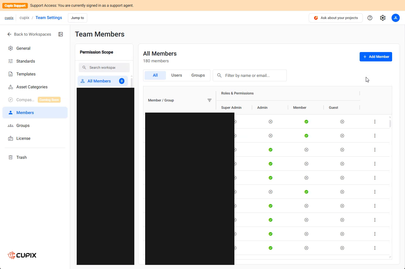 Team Settings › Members at team scope, the whole page