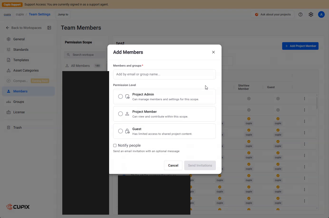 The Add Members dialog at project scope, showing the grade radios and Notify people