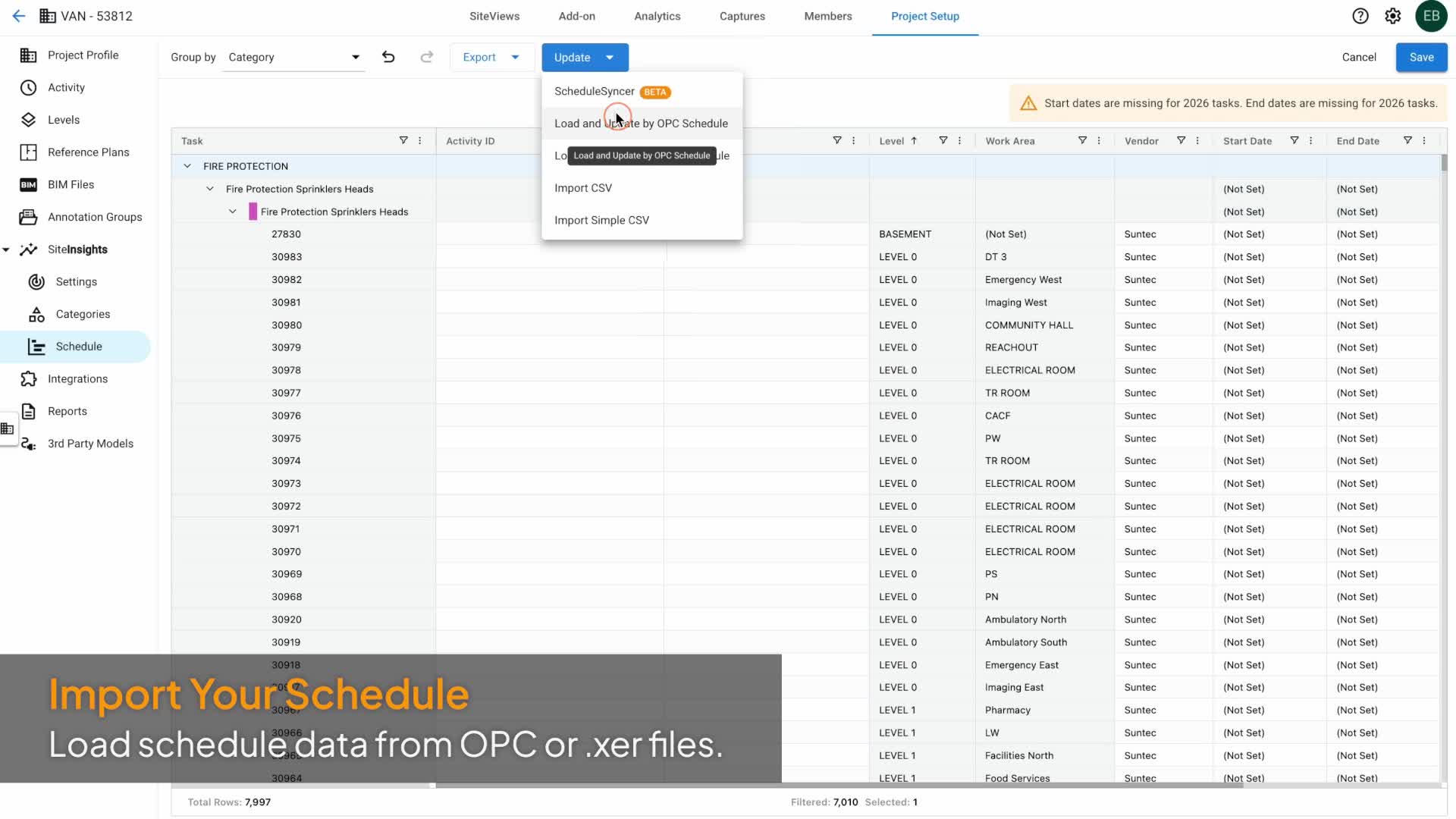 SiteInsights Schedule editor with the Update menu open and Load and Update by OPC Schedule highlighted