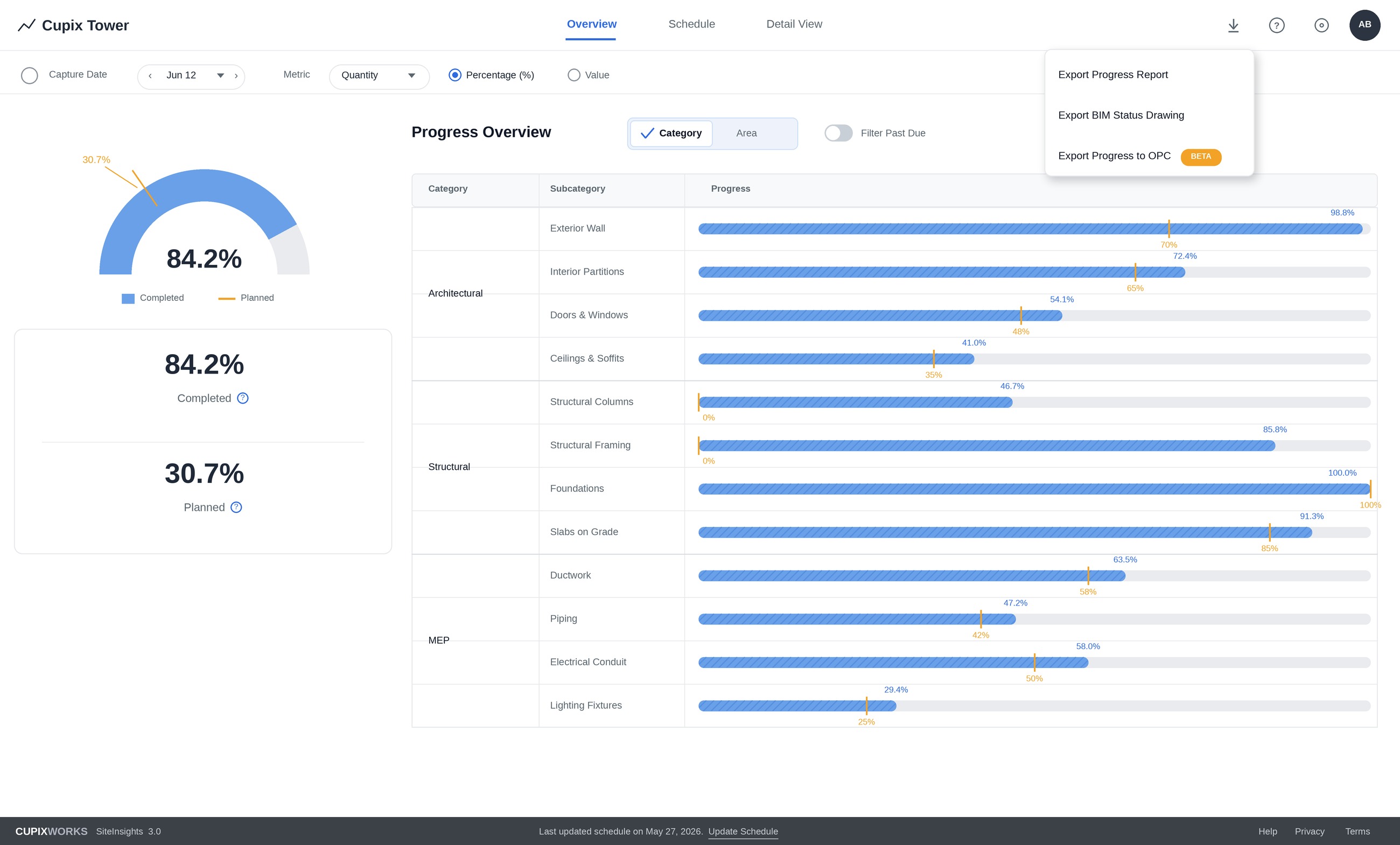SiteInsights Overview screen with the Export dropdown open, showing Export Progress Report, Export BIM Status Drawing, and Export Progress to OPC