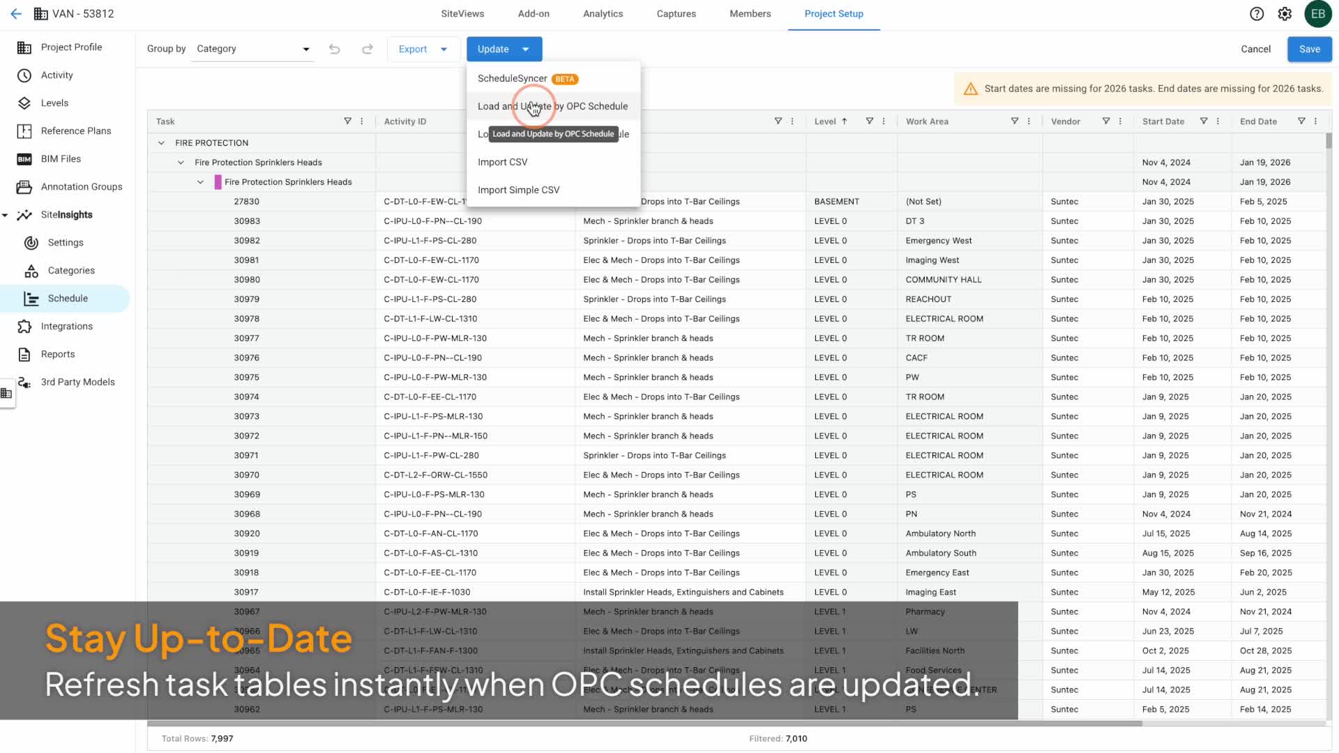 Schedule editor with the Update menu open during a re-sync, using the same Load and Update by OPC Schedule action as the initial import
