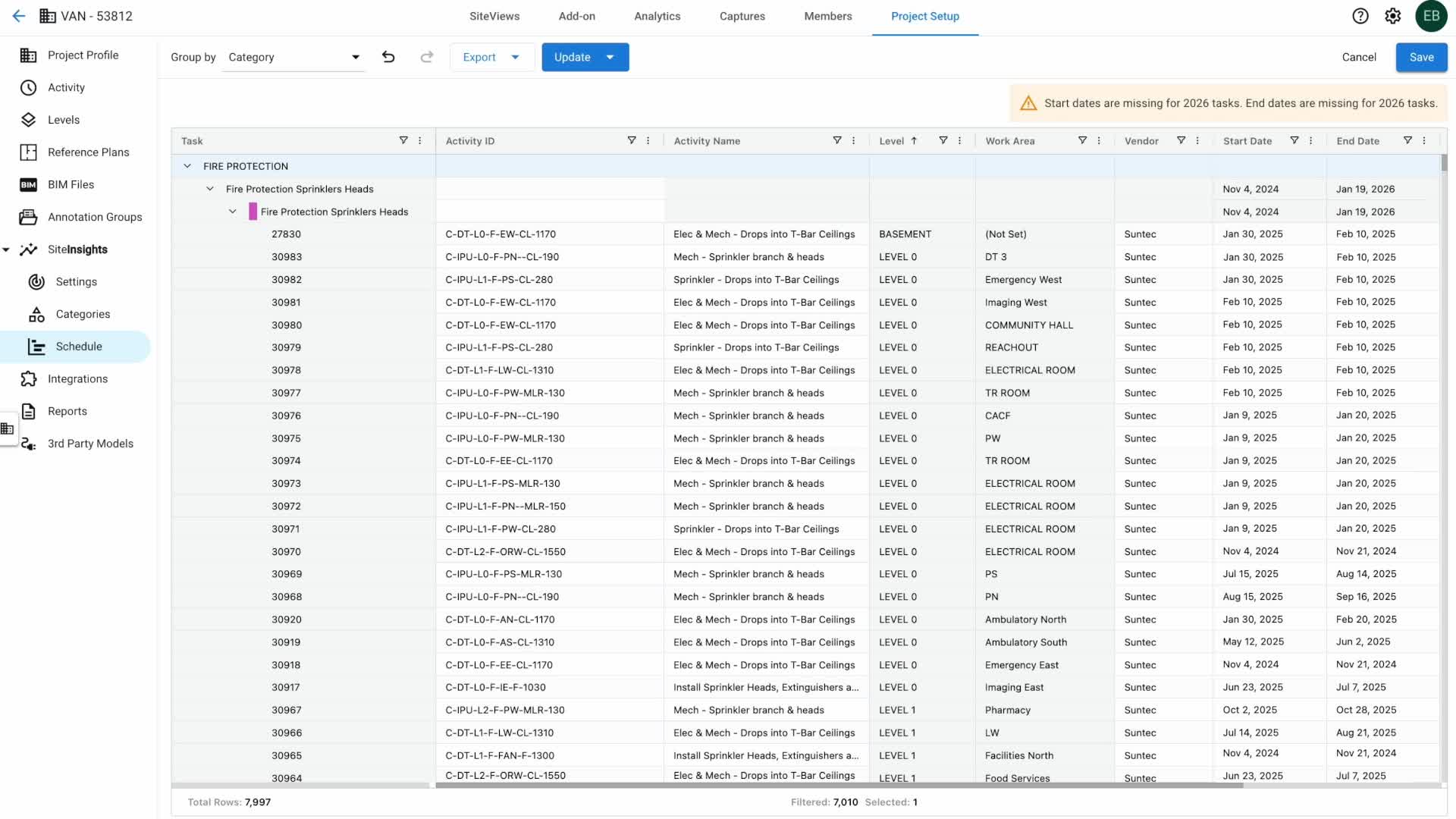 Schedule table populated with OPC activities, with Activity ID, Activity Name, Level, Work Area, Vendor, Start Date, and End Date filled in