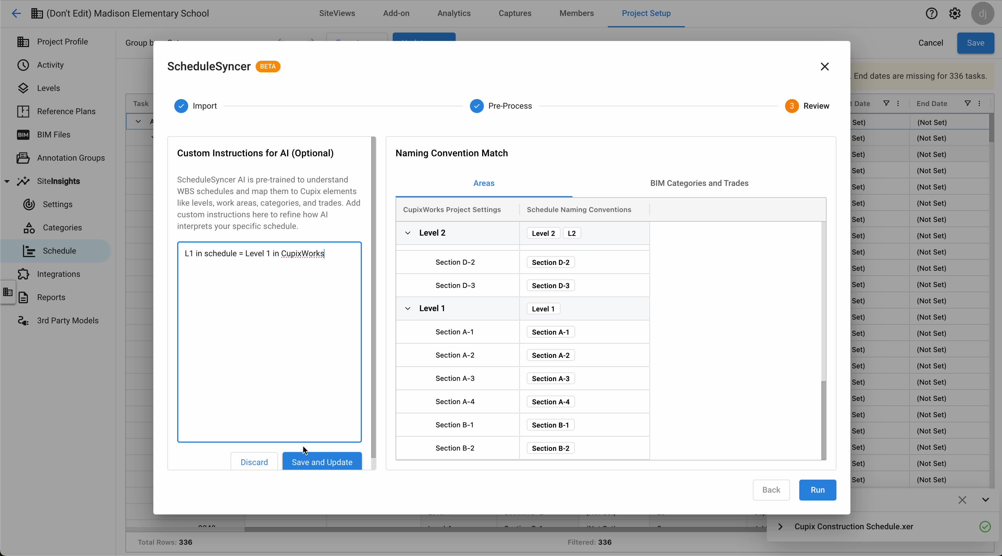 Custom Instructions for AI input field showing an example instruction reading L1 in schedule equals Level 1 in CupixWorks