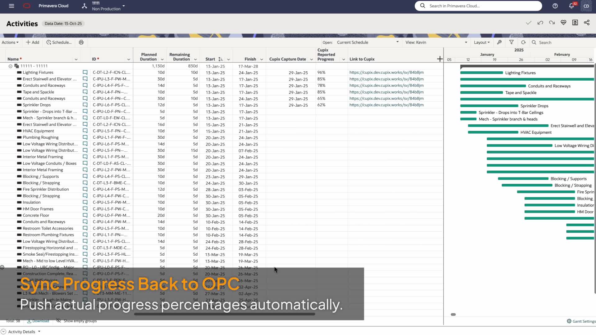 Oracle Primavera Cloud Activities view with the three Cupix columns visible alongside Name, ID, Planned Duration, Remaining Duration, Start, and Finish, plus the Gantt chart on the right