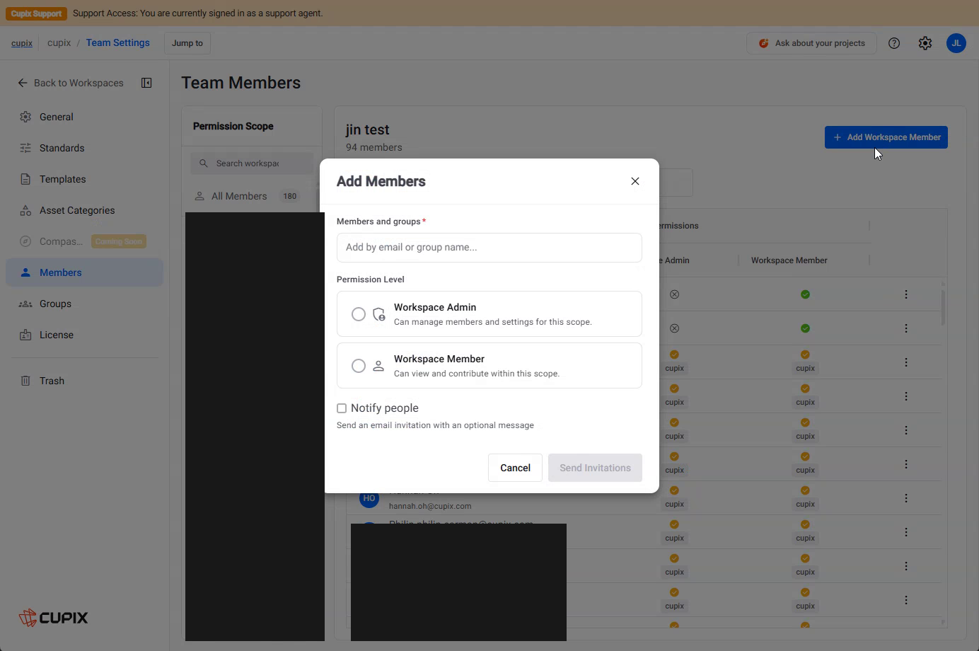 The Add Members dialog at workspace scope