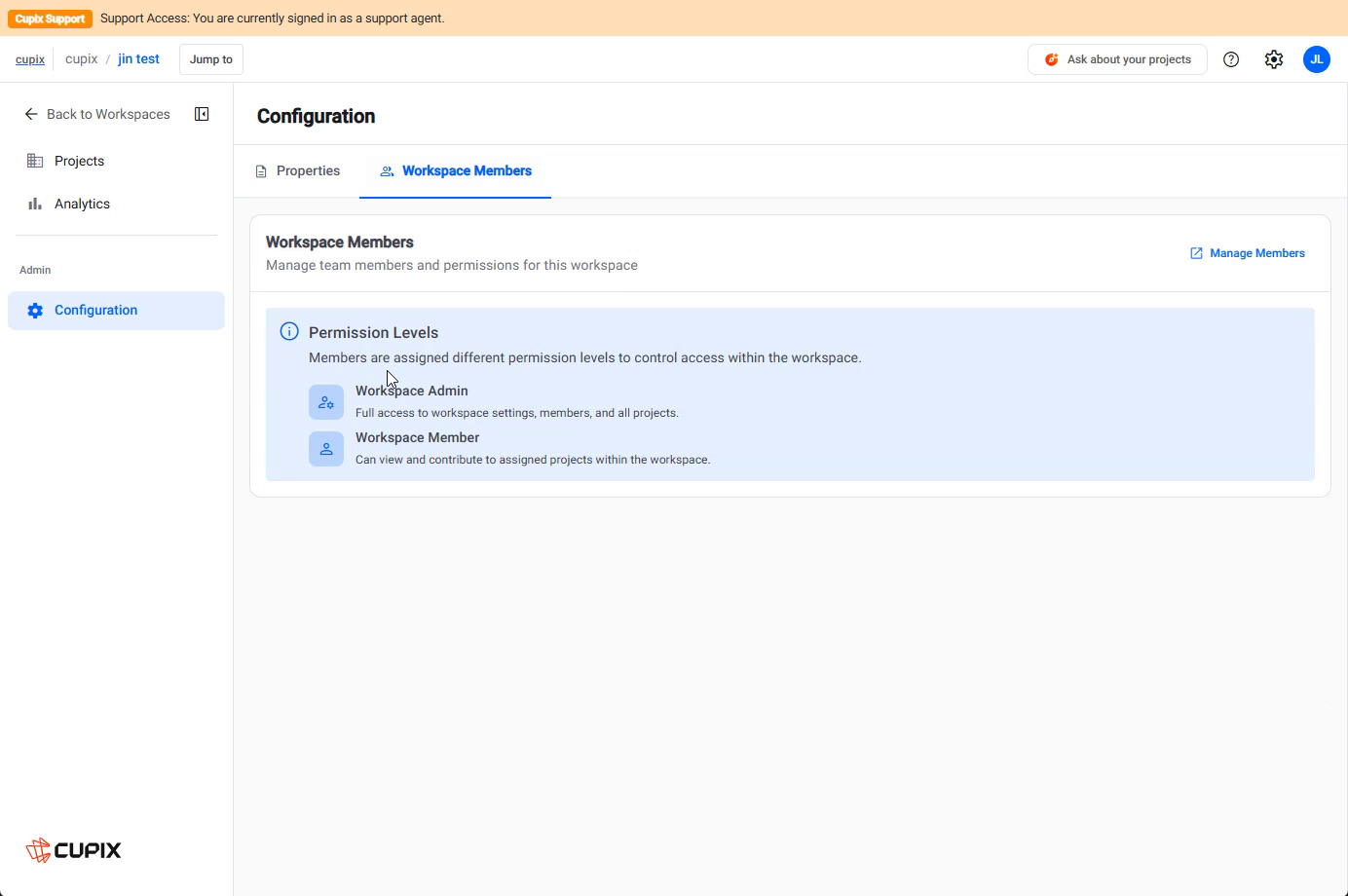 Workspace Configuration › Workspace Members, the Permission Levels card