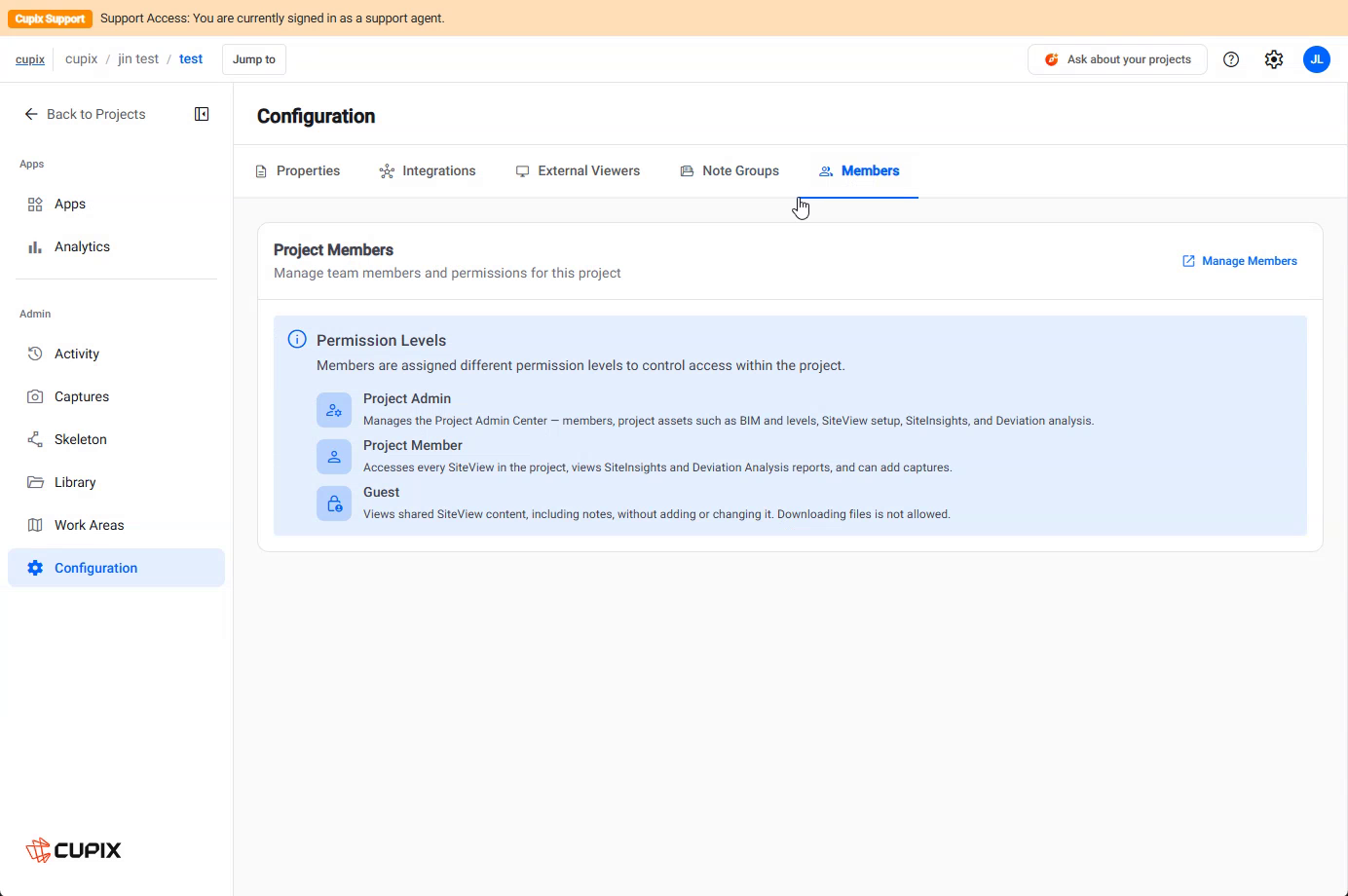 Configuration › Members, the Permission Levels card