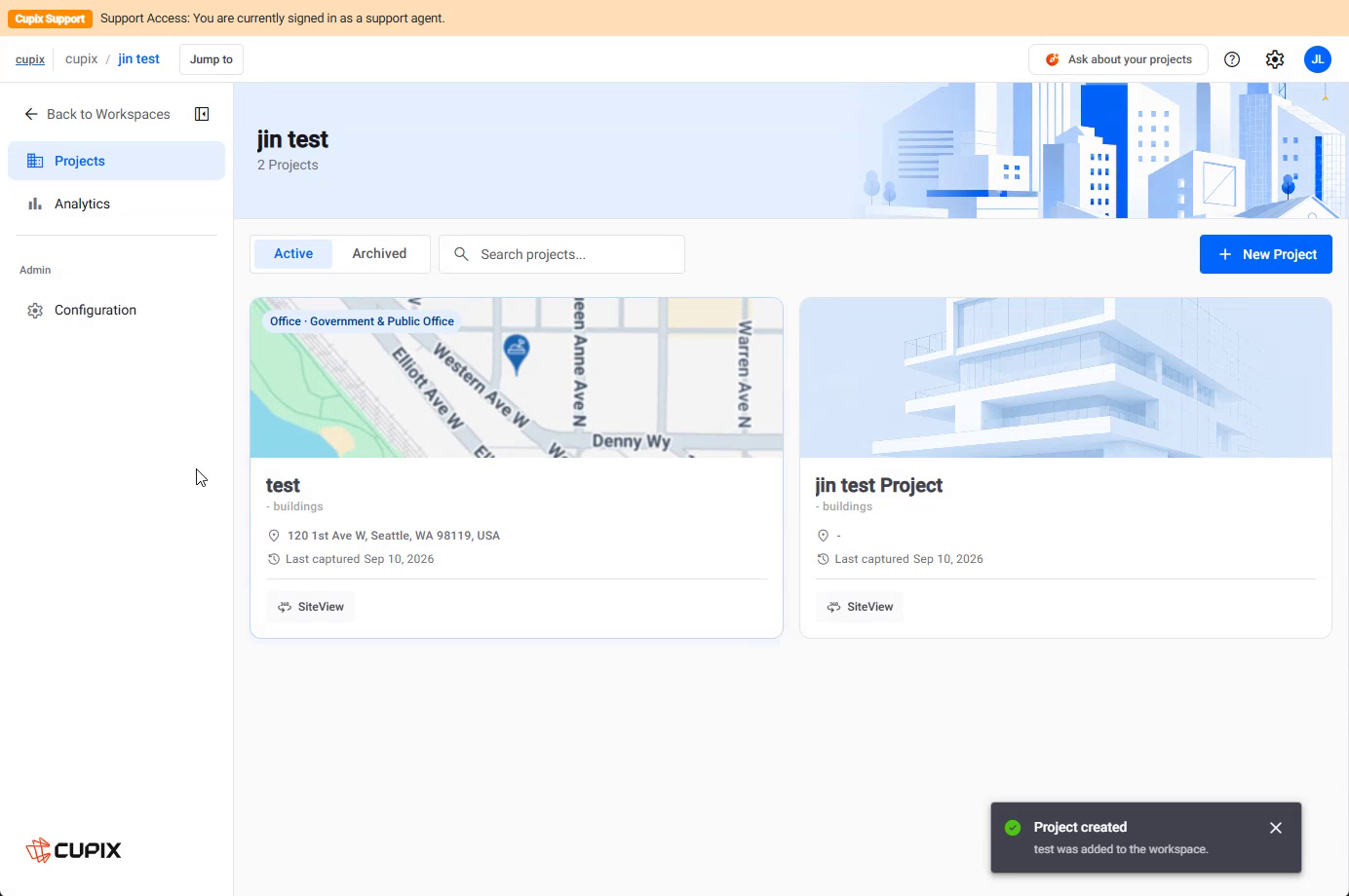 The Projects page after creation, with the toast