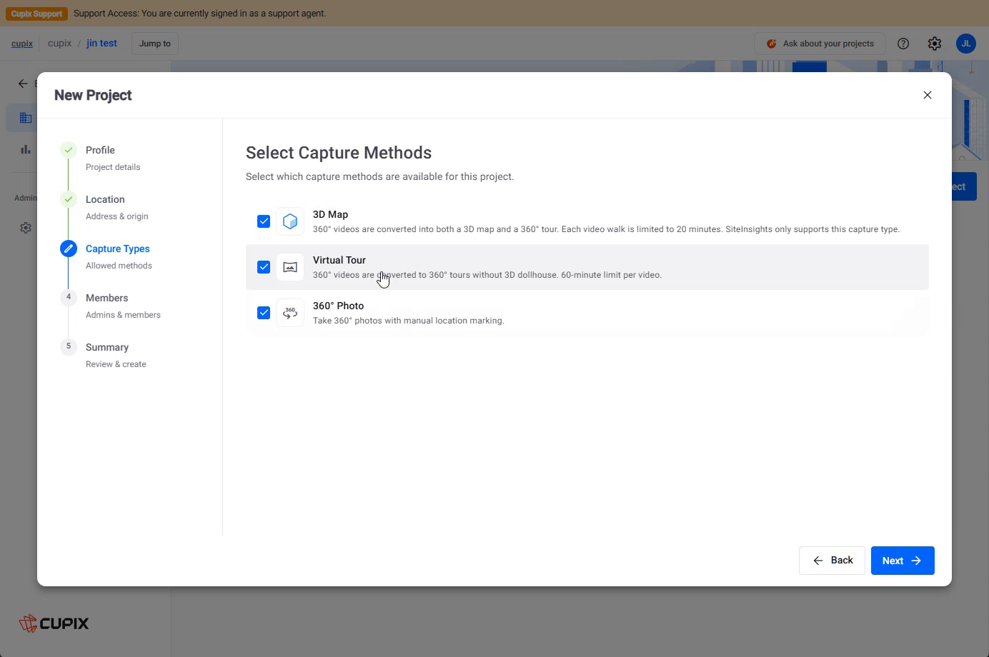 The New Project wizard, Capture Types step