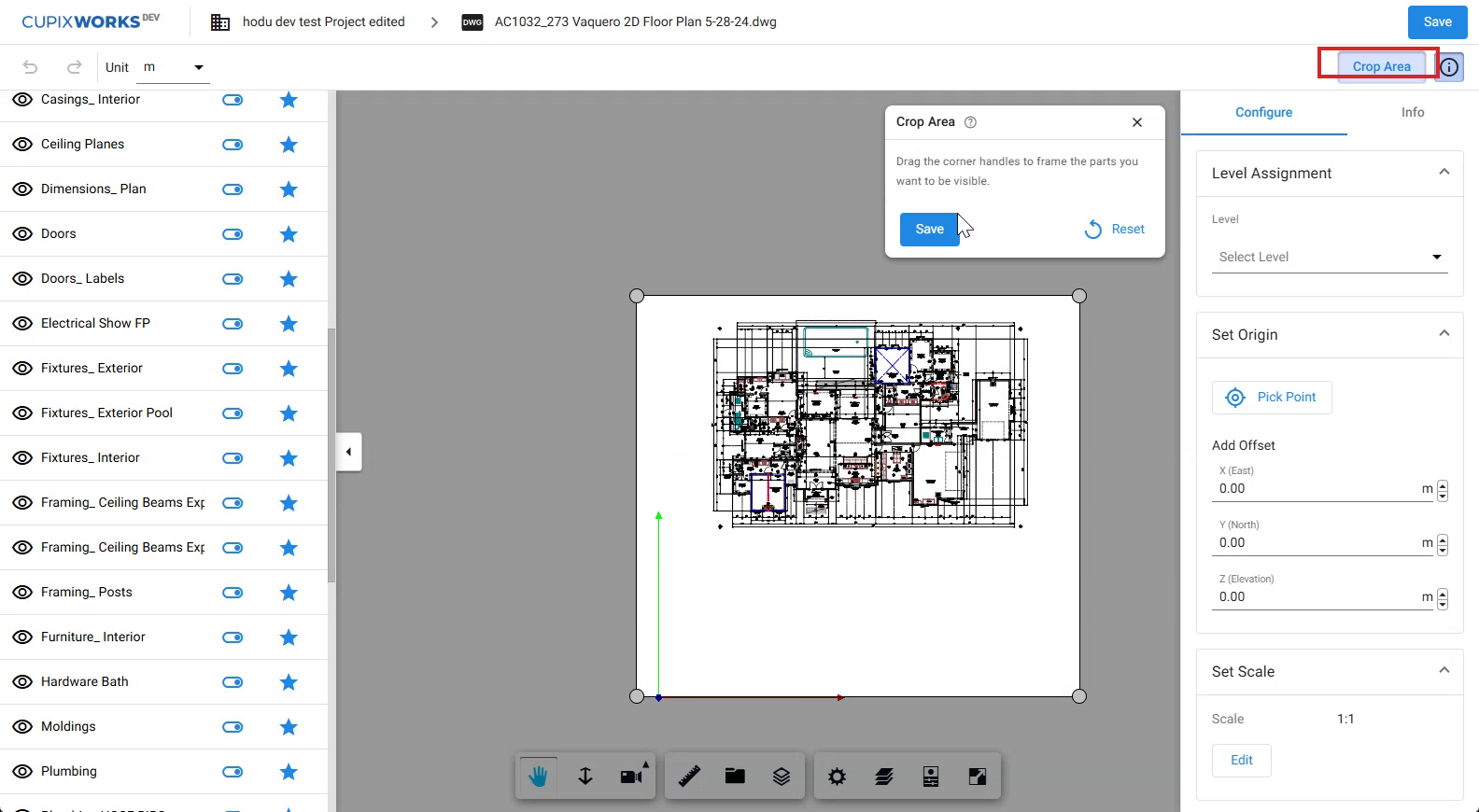 Crop Area mode with the Save and Reset buttons outlined and corner handles on the drawing
