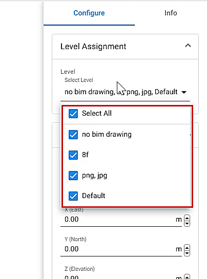 Level Assignment dropdown open with Select All and per-level checkboxes outlined