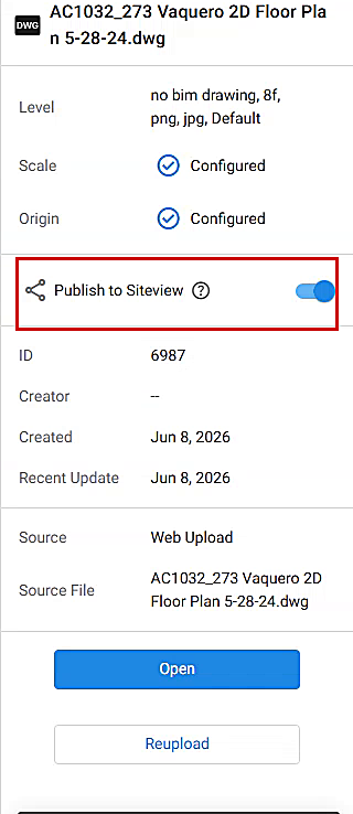 Info Panel with the Publish to Siteview toggle outlined